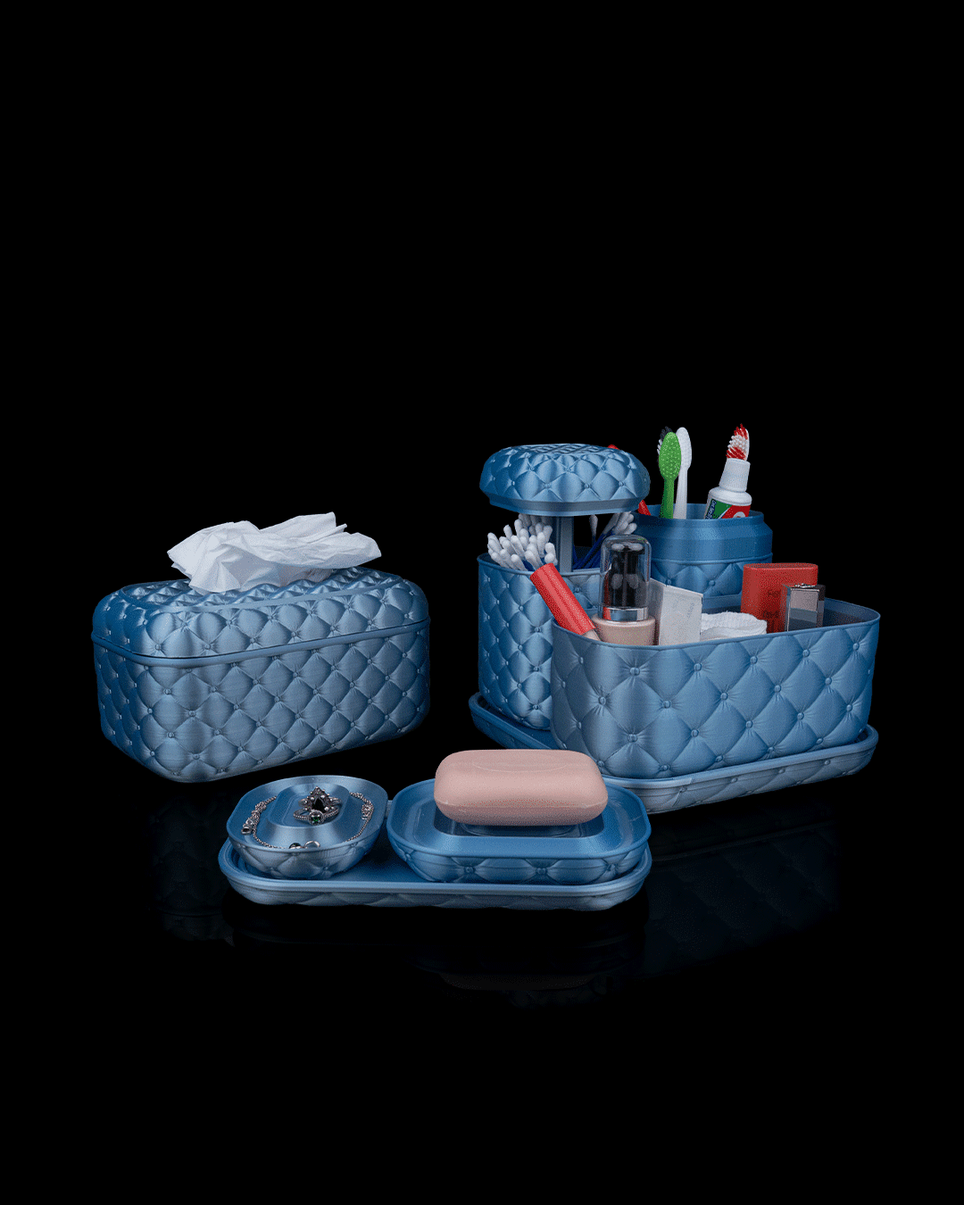 bathroom kit, toothbrush holder, soap holder, ear buds holder, tissue holder, misc items holder, fancy, blue