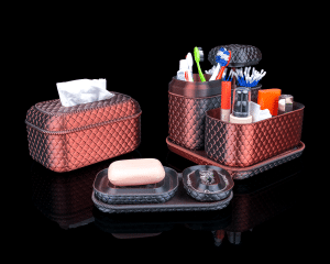 bathroom kit, toothbrush holder, soap holder, ear buds holder, tissue holder, misc items holder, bold, red and black